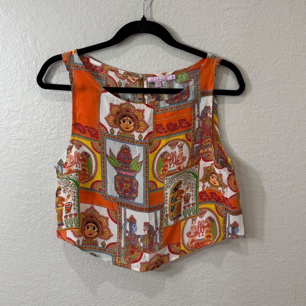 Calypso St. Barth Silk Crop Top Orange Patchwork Boho Fall Layering Festival S